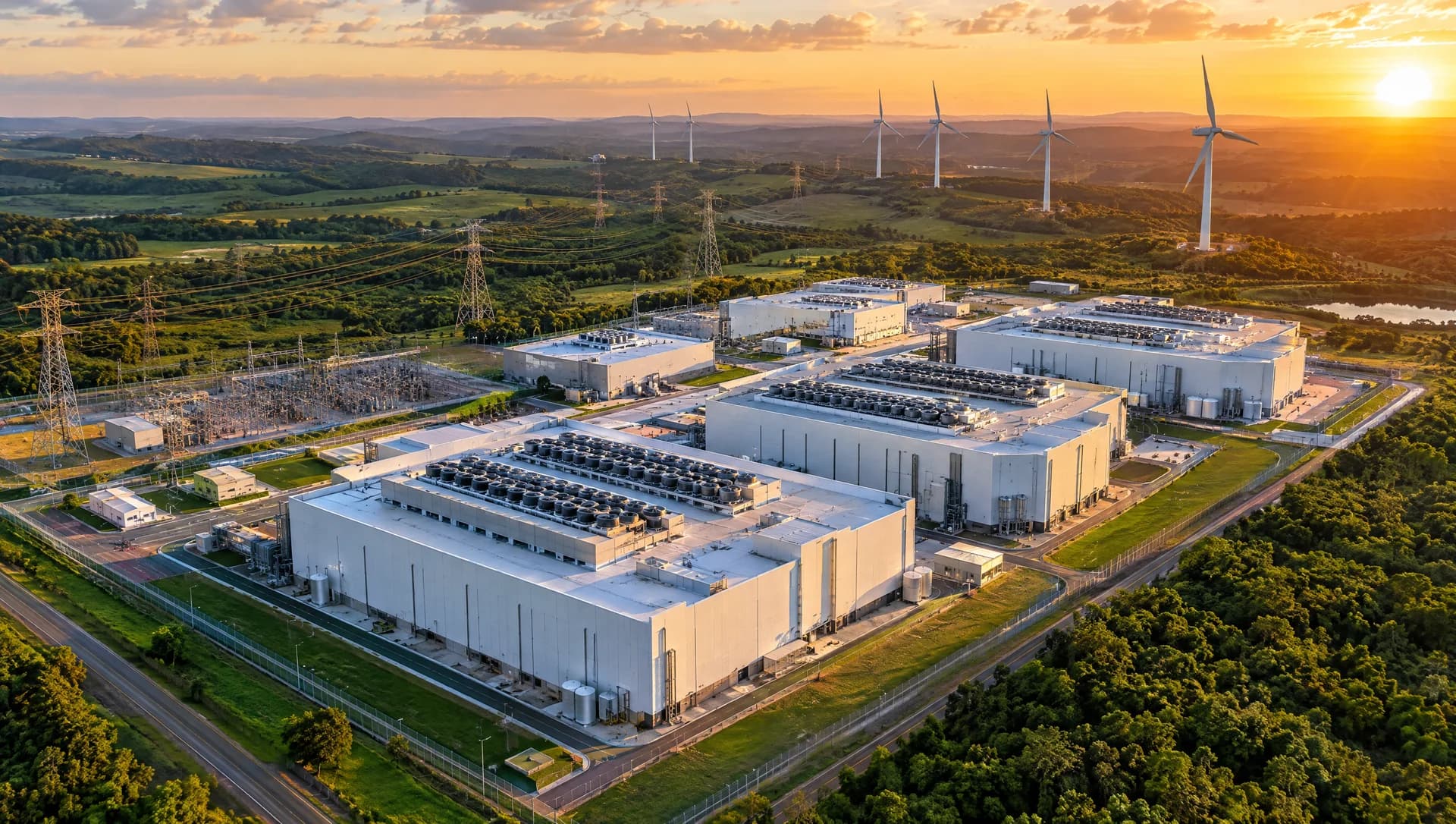 Vista aérea de um campus de data centers no interior verde, ao lado de um parque eólico e linhas de transmissão