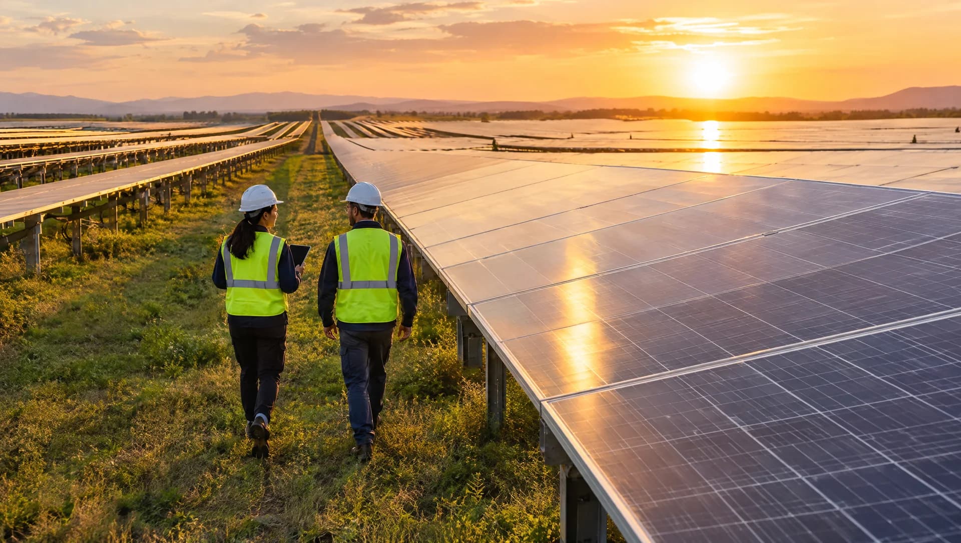 Dois técnicos caminhando entre fileiras de painéis de uma usina solar ao nascer do sol