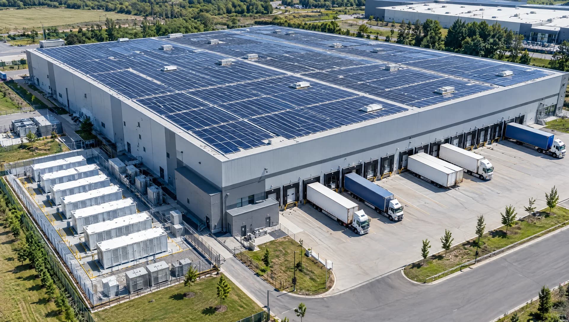 Vista aérea de um galpão industrial com o telhado coberto de painéis solares e contêineres de baterias ao lado