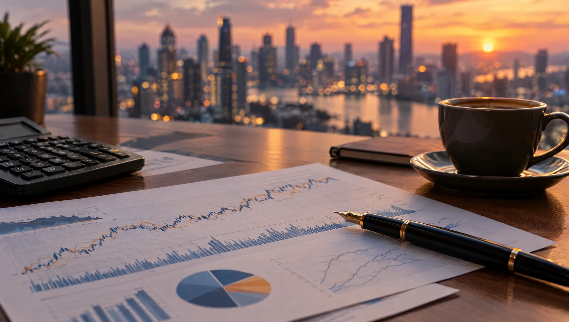 Mesa de analista com gráficos financeiros impressos, calculadora e caneta diante da cidade ao entardecer