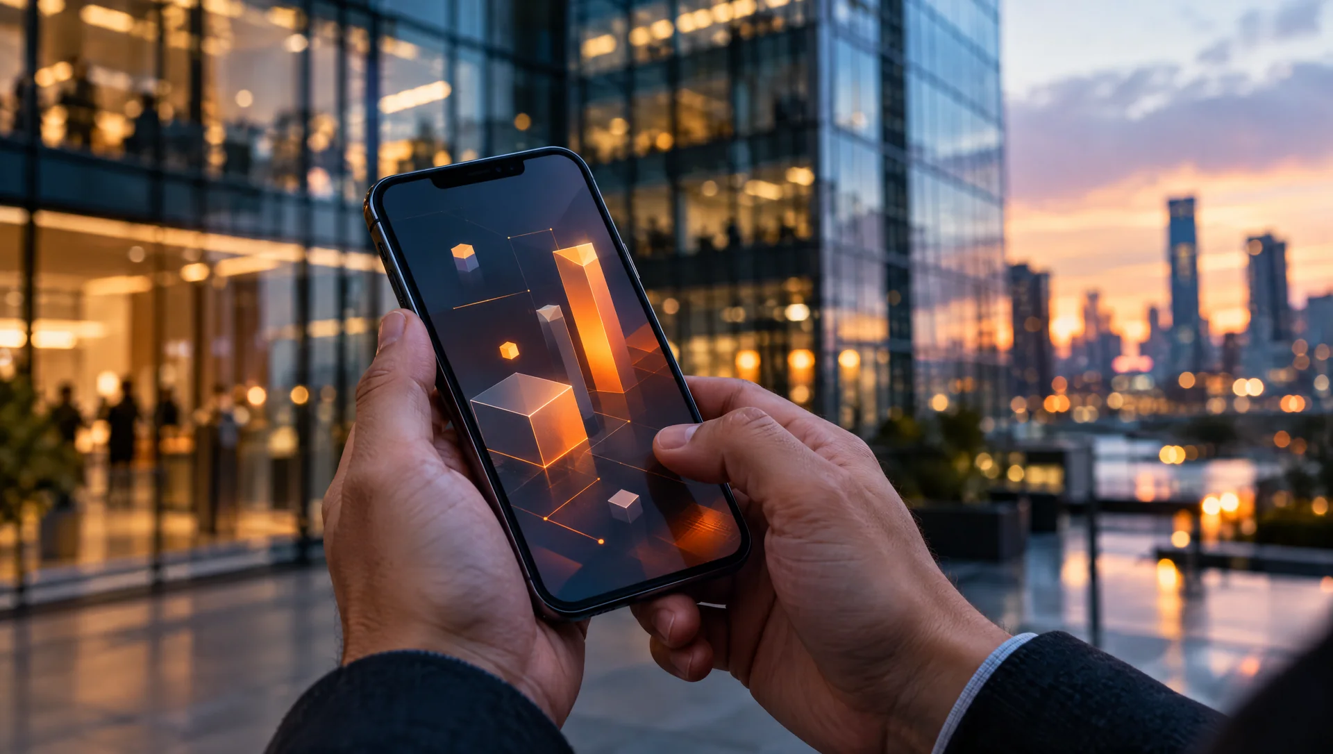 Mãos segurando um smartphone com interface abstrata diante de um edifício corporativo de vidro ao entardecer
